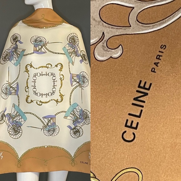 Gorg Celine Paris Silk Scarf 34 In Sq Camel Blue Classic Carriage Print Exc Cond - Picture 1 of 10